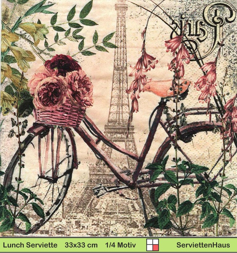 Frankreich - Fahrrad mit Rosen vor Eiffelturm - 1 Lunch Serviette
